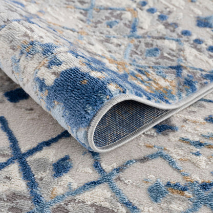 5×7 Moroccan Area Rug | OEKO-TEX Certified Woven Blue & Cream Global Print — Non-Slip, Stain & Fade Resistant, Made in Turkey