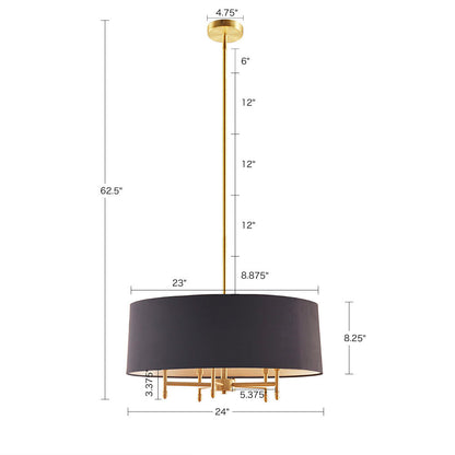 5-Light Drum Shade Chandelier | Cotton-Linen Fabric Shade with Plated Brass Frame, Adjustable to 62.5" — Black, Gold or Silver