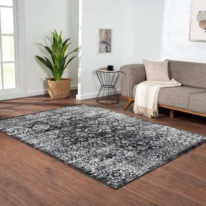 8×10 Distressed Vintage Persian Area Rug | OEKO-TEX Certified Woven Black & Cream Design — Non-Slip, Stain & Fade Resistant, Made in Turkey