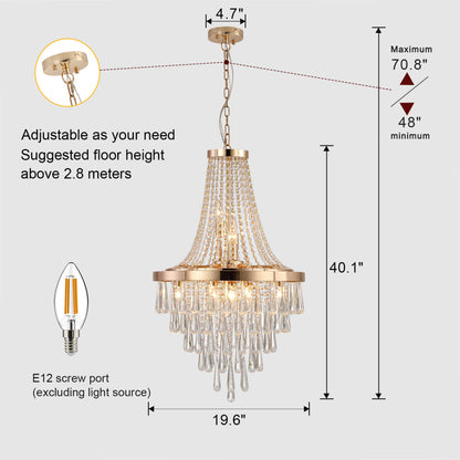 20" K9 Crystal Chandelier | 11-Light Modern Pendant with Adjustable Height 33"–71" — Chrome or Gold, Living Room, Dining Room & Staircase