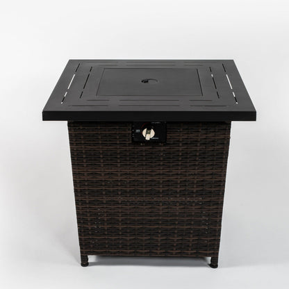 28" Square Propane Fire Pit Table | 50,000 BTU Wicker & Steel Fire Table with Decorative Stones & Steel Lid — Black