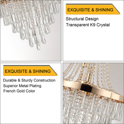 20" K9 Crystal Chandelier | 11-Light Modern Pendant with Adjustable Height 33"–71" — Chrome or Gold, Living Room, Dining Room & Staircase