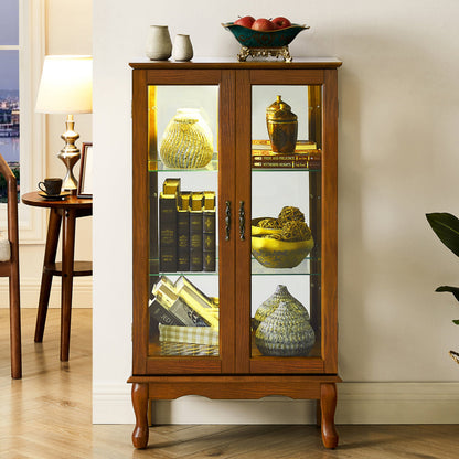 Lighted Curio Display Cabinet with Mirrored Back, Tempered Glass Doors & Adjustable Shelves | 3-Tier Corner Showcase — Oak