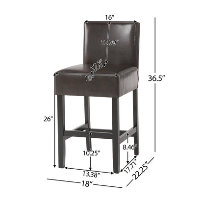 26" Brown Leather Counter Stools with Ergonomic Back | Set of 2 Bonded Leather Kitchen Island Stools — Rubberwood Legs