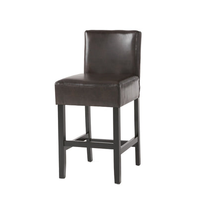 26" Brown Leather Counter Stools with Ergonomic Back | Set of 2 Bonded Leather Kitchen Island Stools — Rubberwood Legs