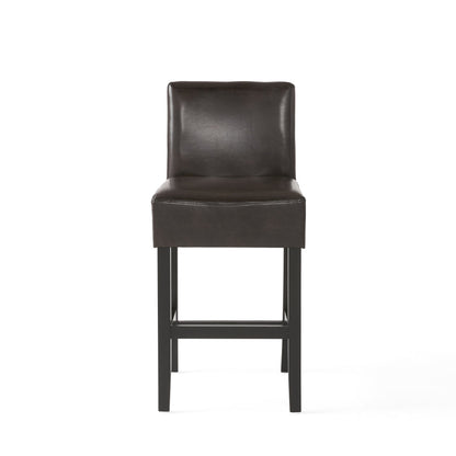 26" Brown Leather Counter Stools with Ergonomic Back | Set of 2 Bonded Leather Kitchen Island Stools — Rubberwood Legs