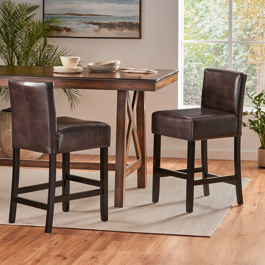 26" Brown Leather Counter Stools with Ergonomic Back | Set of 2 Bonded Leather Kitchen Island Stools — Rubberwood Legs
