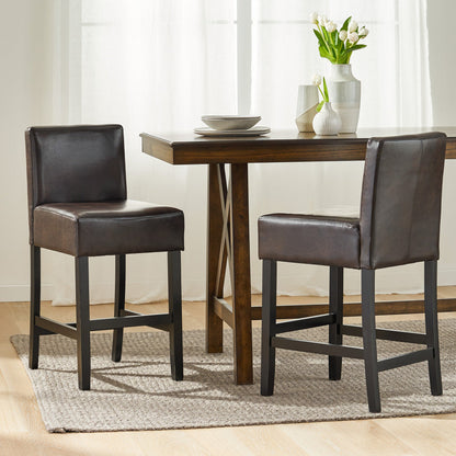 26" Brown Leather Counter Stools with Ergonomic Back | Set of 2 Bonded Leather Kitchen Island Stools — Rubberwood Legs