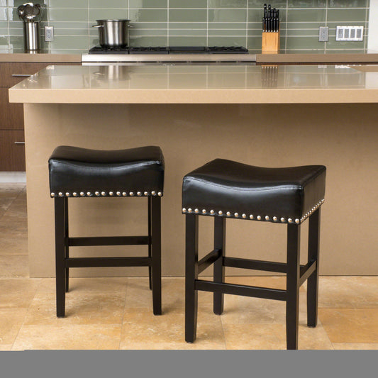 26" Backless Leather Counter Stools | Set of 2 Padded Saddle Seats with Chrome Nailhead Trim