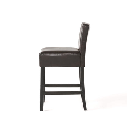 26" Brown Leather Counter Stools with Ergonomic Back | Set of 2 Bonded Leather Kitchen Island Stools — Rubberwood Legs