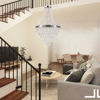 20" K9 Crystal Chandelier | 11-Light Modern Pendant with Adjustable Height 33"–71" — Chrome or Gold, Living Room, Dining Room & Staircase