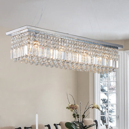 39.4" Rectangle Crystal Raindrop Chandelier | 8-Light Modern Pendant for Dining Room & Kitchen Island — Chrome or Gold, E12