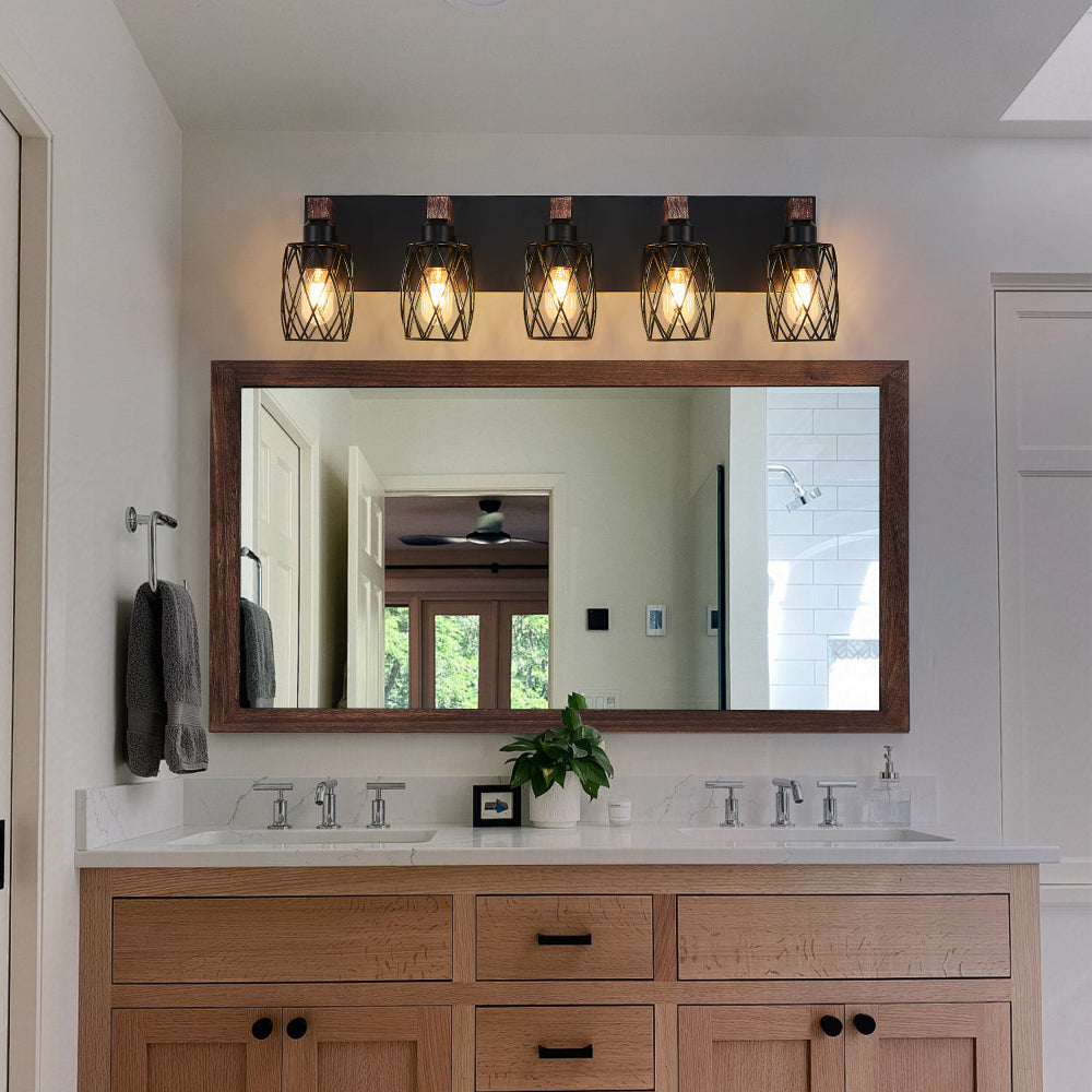 Industrial Black Cage Wall Sconce with Wood Accents | 3/4/5/6/7-Light Vintage Fixture for Bathroom, Hallway & Living Room