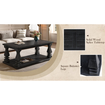Farmhouse Coffee Table with Storage Shelf 47" Rustic Solid Wood Planked Top & Square Baluster Legs