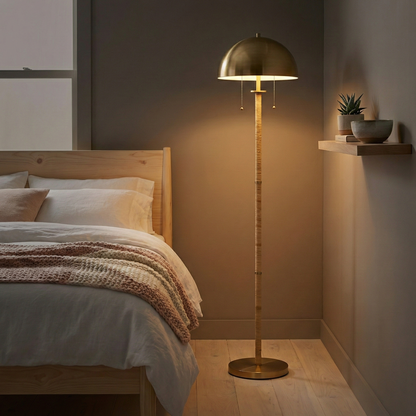 2-Light Floor Lamp – Gold Brass & Natural Rattan Tubes, Dual Pull Chain | Boho Living Room & Bedroom Lamp