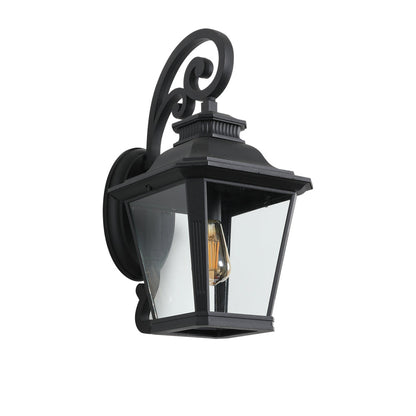 Vintage Black Outdoor Wall Lantern – 21" Farmhouse Sconce with Clear Glass & Scroll Detail