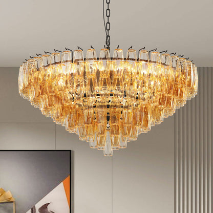 Tiered Smoke Glass Chandelier | 14-Light Round or 12-Light Rectangular, Brushed Black or Gold Metal Frame — 37" or 54", Dimmable