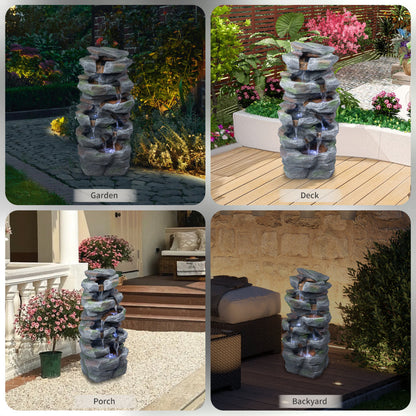 Rock Waterfall Outdoor Fountain with LED Lights | Cascading Tiered Resin Garden Fountain for Patio, Backyard & Lawn