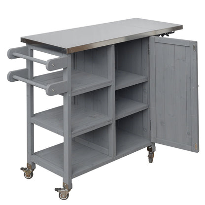 Foldable Outdoor Kitchen Island with Stainless Steel Top | Rolling Cart with Storage Cabinet, Open Shelves & Towel Rack — Grey