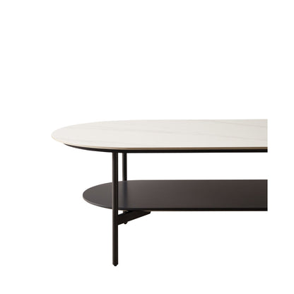 Ceramic Sintered Stone Coffee Table with Walnut Shelf | 47" Double-Layer Living Room Center Table — White & Coffee Brown