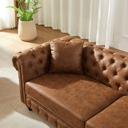 85.5" Chesterfield Sofa 3-Seater | Tech Fabric with Button Tufting, Rolled Arms & Wood Legs — Brown / Black
