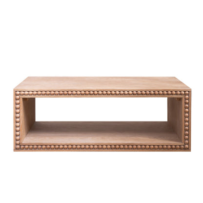 Rustic Beaded Edge Coffee Table with Open Storage Shelf | 47.6" Farmhouse Center Table — Natural Wood Finish
