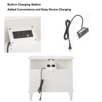 Farmhouse Nightstand with Charging Station | 2 Drawers & Open Shelf | Fluted Side Table with Solid Wood Legs