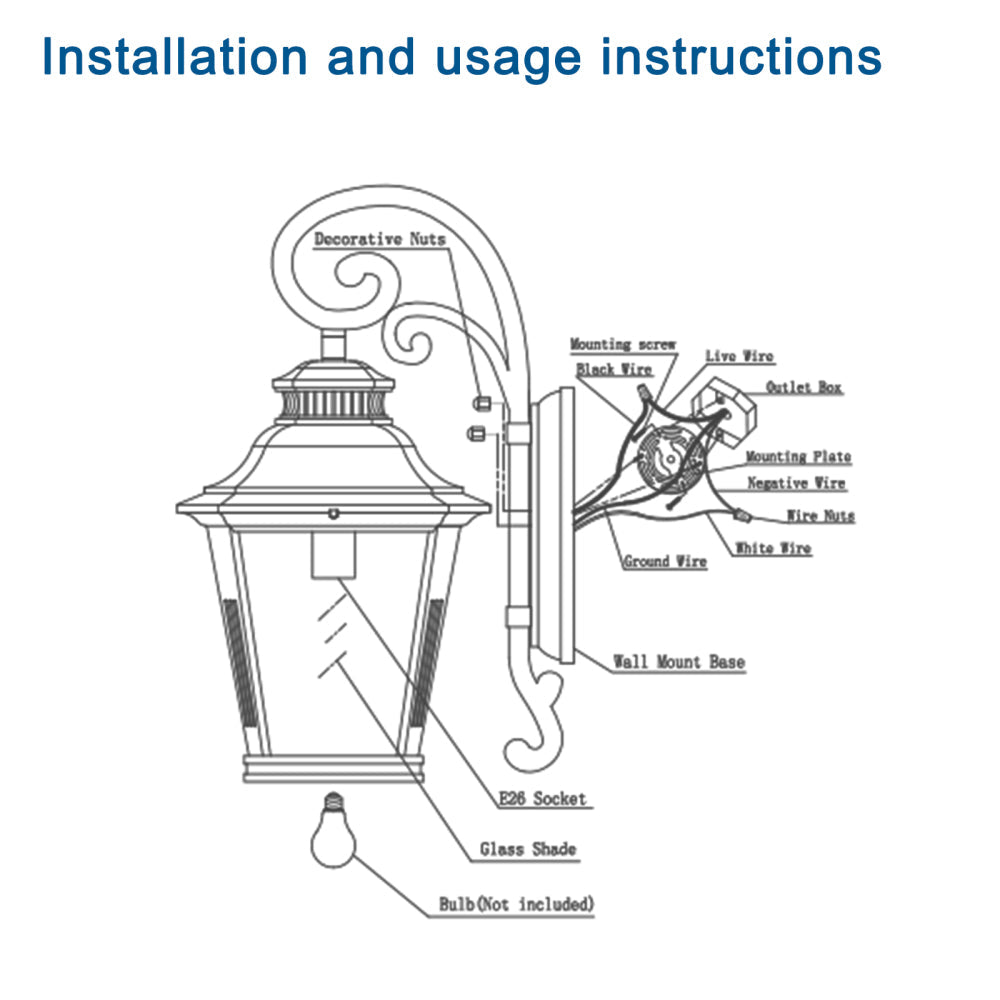 Vintage Black Outdoor Wall Lantern – 21" Farmhouse Sconce with Clear Glass & Scroll Detail