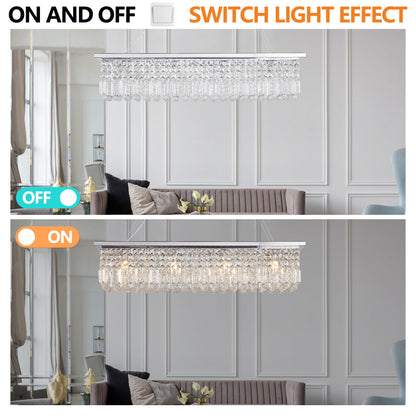 39.4" Rectangle Crystal Raindrop Chandelier | 8-Light Modern Pendant for Dining Room & Kitchen Island — Chrome or Gold, E12