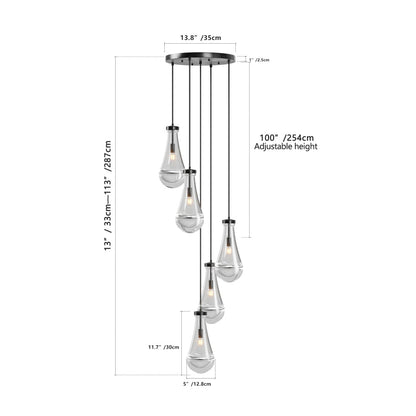 Raindrop Cluster Pendant Chandelier | 5 or 7-Light Hand-Blown Glass, Black or Gold — Adjustable to 100", High Ceiling Foyer, Stairwell & Living Room