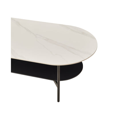 Ceramic Sintered Stone Coffee Table with Walnut Shelf | 47" Double-Layer Living Room Center Table — White & Coffee Brown