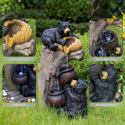 Bear Outdoor Water Fountain with LED Lights | 23.62" Cascading Garden Fountain with Climbing Bear Design — Patio, Yard & Balcony