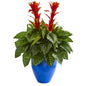 35" Bromeliad & Taro Artificial Plant in Blue Planter
