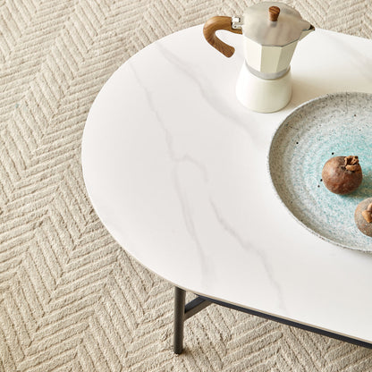 Ceramic Sintered Stone Coffee Table with Walnut Shelf | 47" Double-Layer Living Room Center Table — White & Coffee Brown