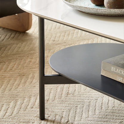 Ceramic Sintered Stone Coffee Table with Walnut Shelf | 47" Double-Layer Living Room Center Table — White & Coffee Brown