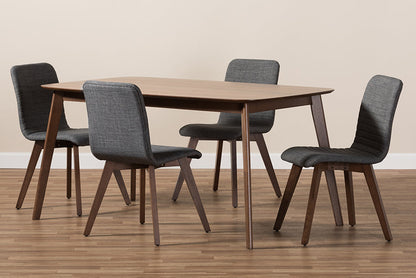 Baxton Studio Sugar Mid-Century Modern Dark Grey Fabric Upholstered Walnut Wood Finished 5-Piece Dining Set