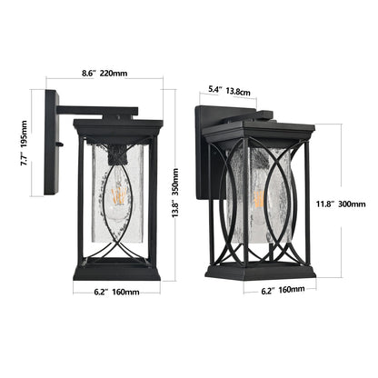 Black Outdoor Wall Lantern with Crackled Glass | 14" Modern Porch Light, E26 Base