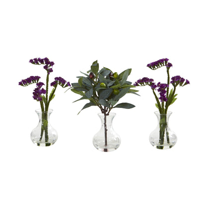 10" Baby Breath and Olive Artificial Arrangement in Vase (Set of 3)