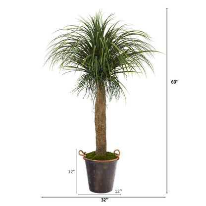 5' Pony Tail Palm Artificial Plant in Decorative Metal Pail with Rope