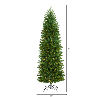 6.5' Slim Green Mountain Pine Artificial Christmas Tree w/ 300 Clear LED Lights