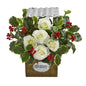 14"  Rose and Variegated Holly Leaf Artificial Arrangement in Tin Roof Planter