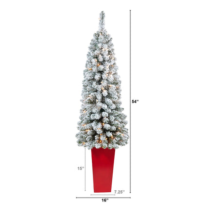 4.5' Flocked Pencil Artificial Christmas Tree w/ 100 Clear Lights & 216 Bendable