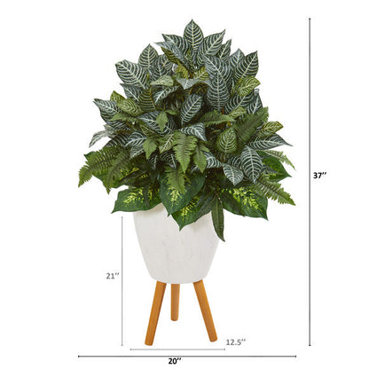 37" Mixed Greens Artificial Plant in White Planter with Stand
