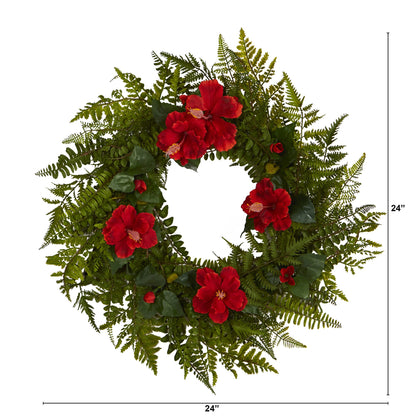 24" Mixed Fern and Hibiscus Artificial Wreath