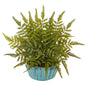 12"  Fern Artificial Plant in Turquoise Bowl with Silver Trimming