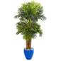 5' Triple Areca Palm Artificial Tree In Glazed Blue Planter
