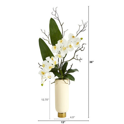 3' Phalaenopsis Orchid Artificial Arrangement in Cream Vase with Gold Base