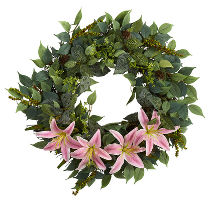 23" Mixed Ruscus, Lily, Fittonia and Berries Artificial Wreath
