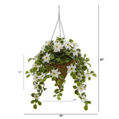3.5' Poinsettia and Variegated Holly Artificial Plant in Hanging Cone Basket