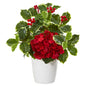 14" Hydrangea and Holly Leaf Artificial Arrangement in White Vase